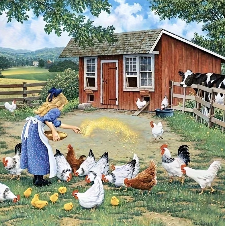 Girl in blue dress feeding chickens and chicks near red barn with cow in background