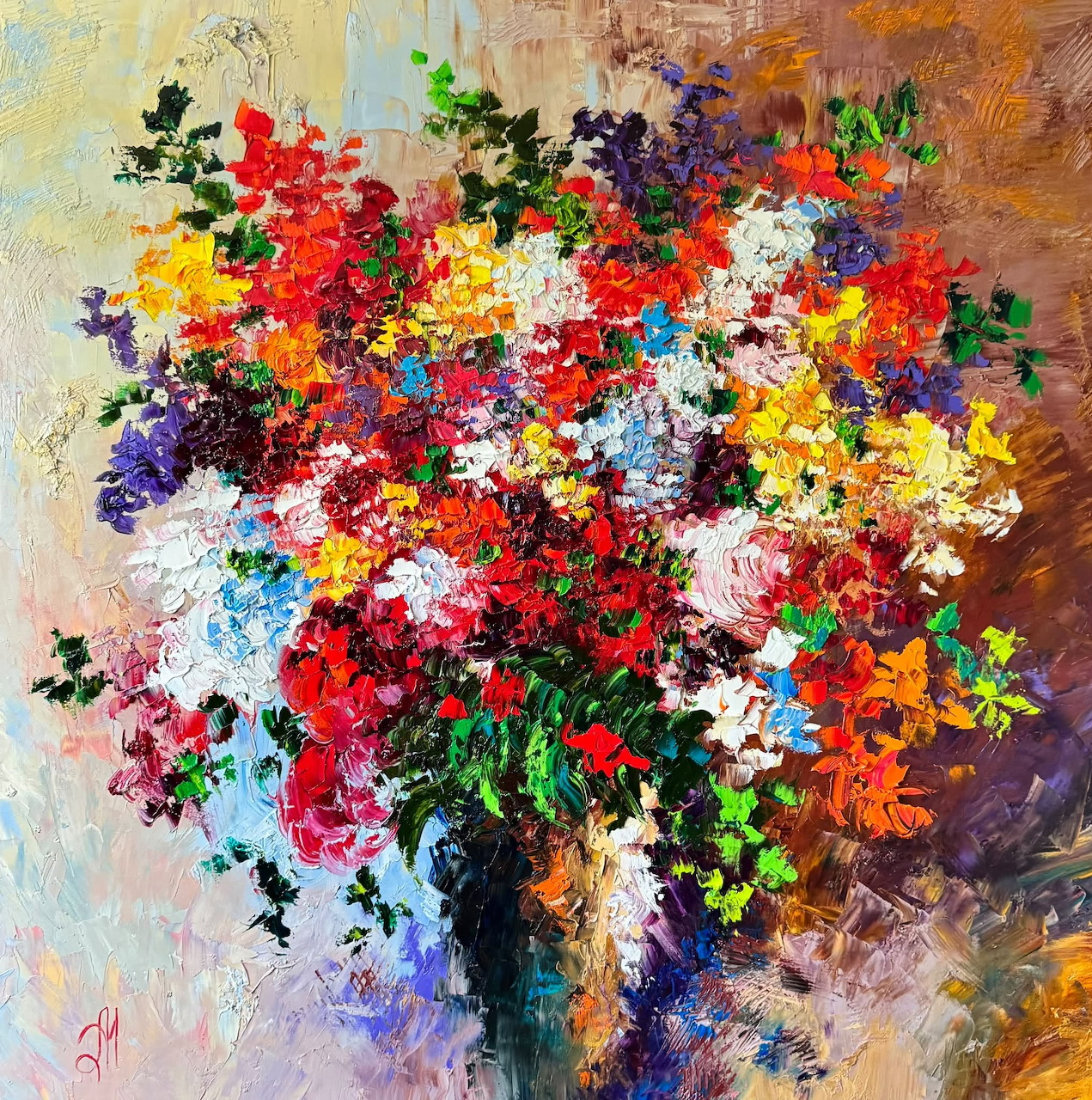 Colorful painted bouquet of mixed flowers in a dark vase on a textured background