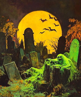 Zombie rising from grave in eerie cemetery at night with full moon and bats