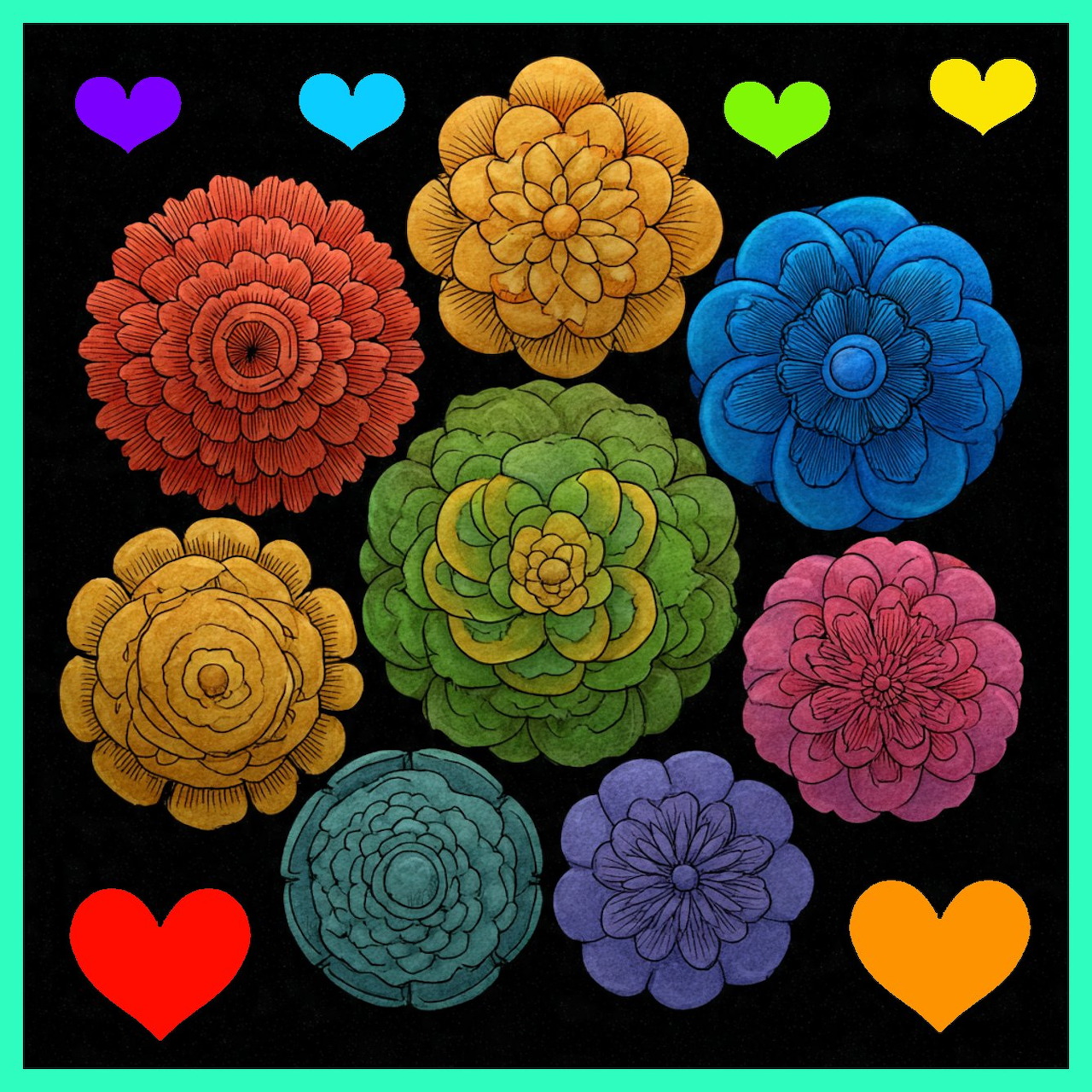 Nine colorful geometric flowers arranged in a grid with rainbow hearts in corners on black background