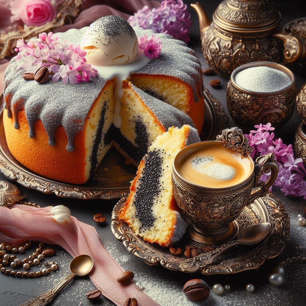 Sliced poppy seed cake with powdered sugar, coffee cups, and an ornate teapot on a rustic table