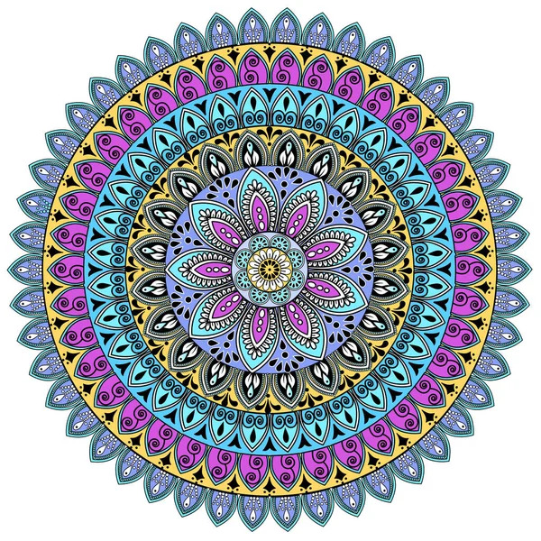 Ornate circular mandala with layered geometric patterns in blue, purple, pink, and gold