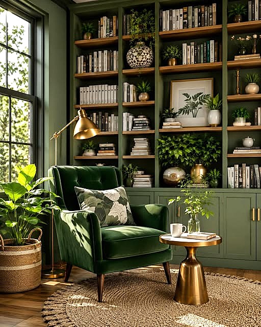 Green velvet armchair in a cozy reading corner with wooden bookshelves, plants, and a gold floor lamp