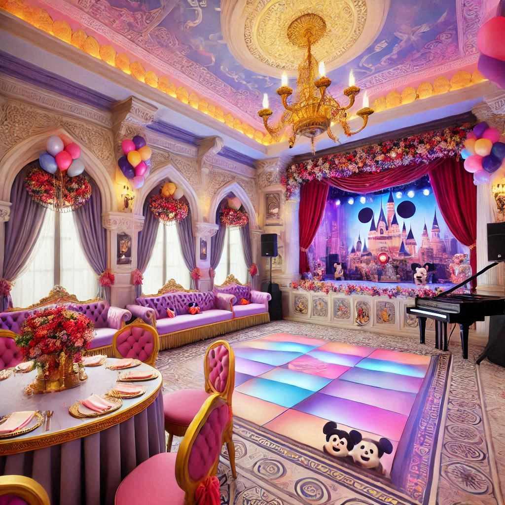 Lavish ballroom with chandelier, stage, colorful checkered floor, and ornate decorations in pink and purple hues