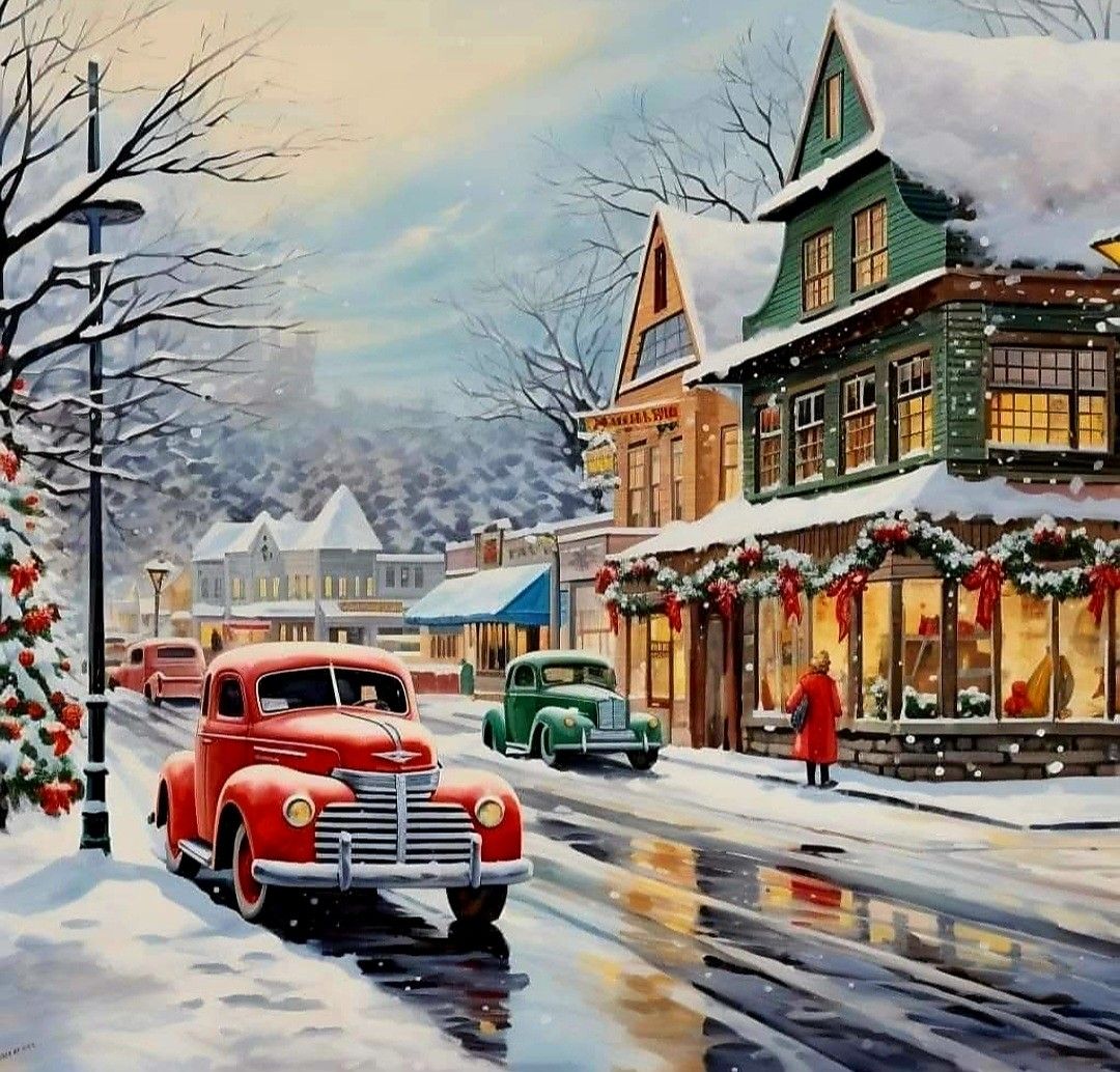 Vintage red and green cars on snowy street lined with Christmas-decorated shops and street lamps