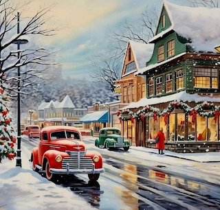 Vintage Christmas Village Street Scene