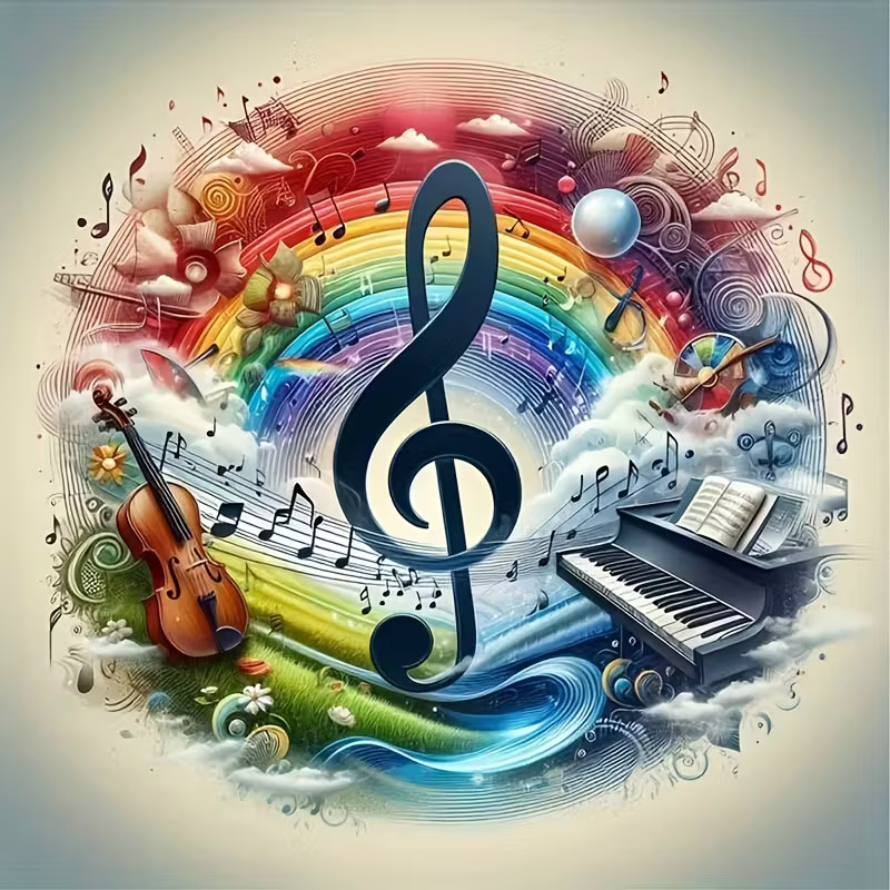 Artistic music illustration with treble clef, instruments, rainbow colors, and flowing musical notes