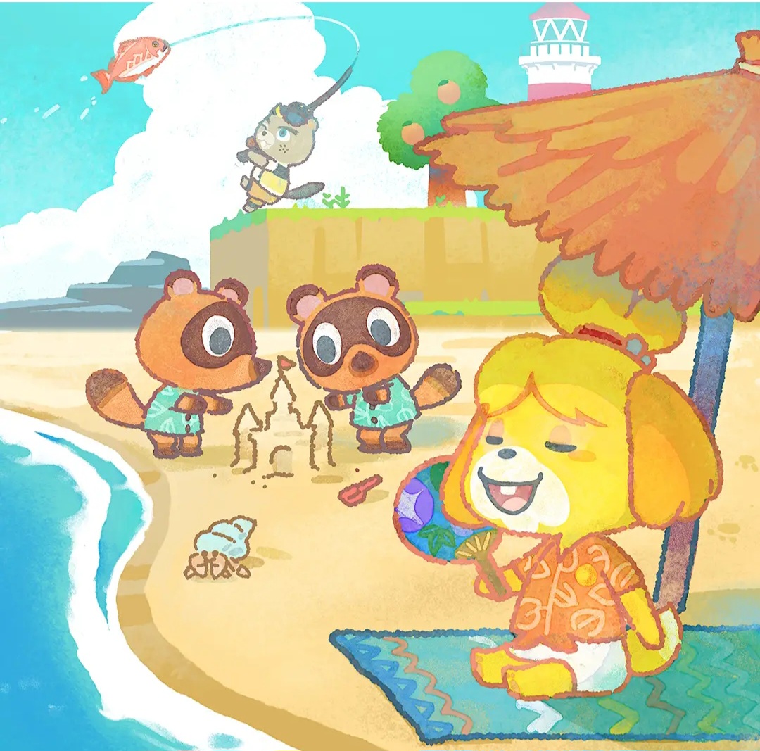 Cartoon animal characters on a sunny beach with a sandcastle and a dog sitting under an umbrella