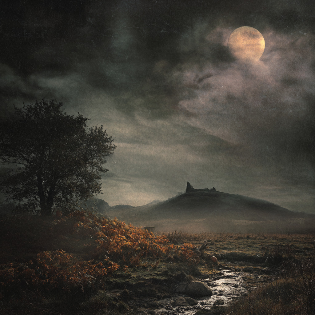 Foggy moonlit landscape with a bare tree and distant hill at night