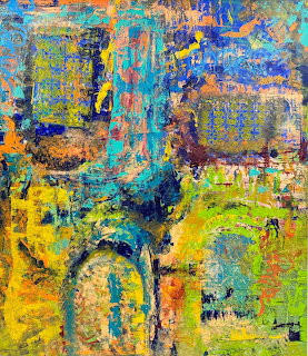 Colorful abstract expressionist painting with layers of blue, yellow, green, and orange textured brushstrokes