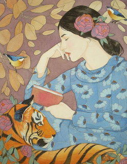 Woman in blue dress reading book with tiger, birds and yellow flowers in decorative illustration style