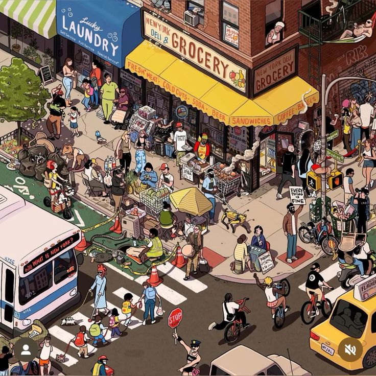 Illustrated aerial view of crowded city street corner with people, cars, buses, and storefronts