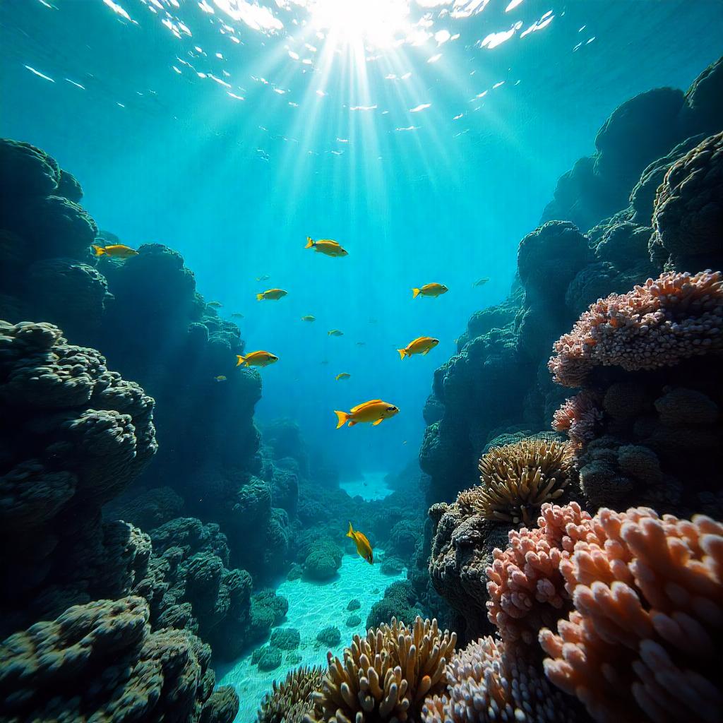 Small fish swim through a sunlit blue coral reef canyon underwater
