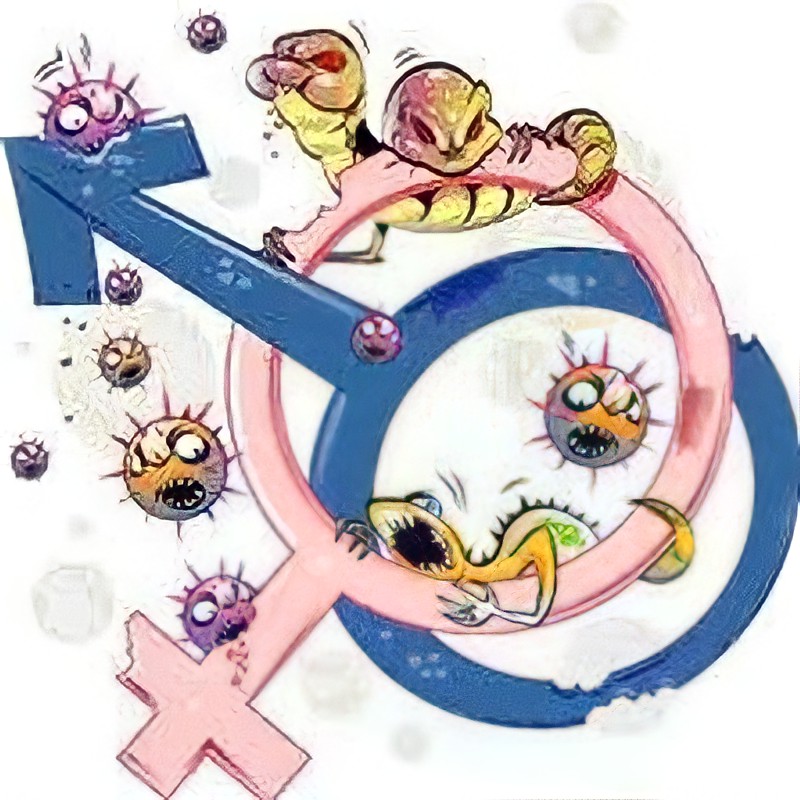 Cartoon male and female gender symbols with colorful germ-like creatures on a white background
