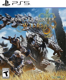 Monster Hunter Wilds PS5 game box art with hunter and giant monster in a wild landscape