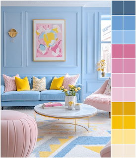 Pastel blue living room with blue sofa, yellow cushions, pink chair, and color palette swatches