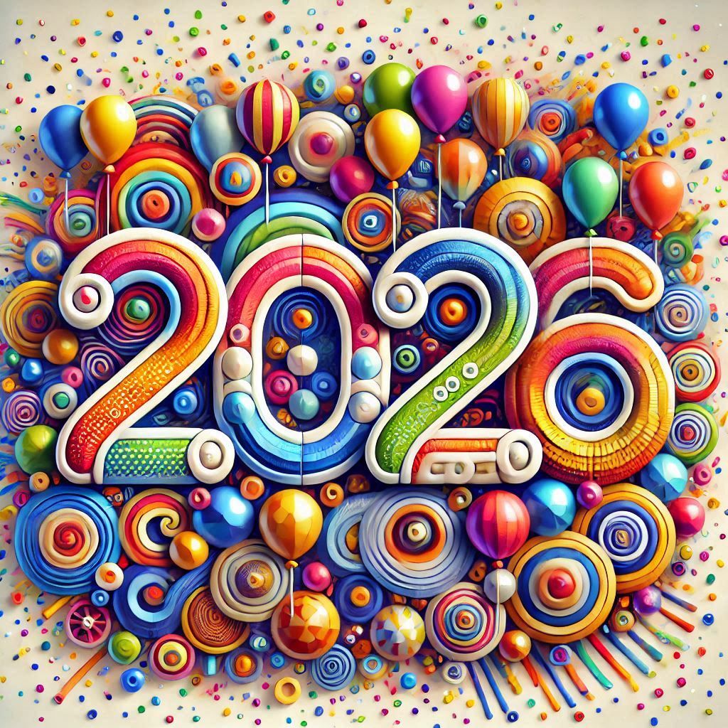 3D rendered 2020 numbers with colorful spheres, concentric circles, and festive decorative elements