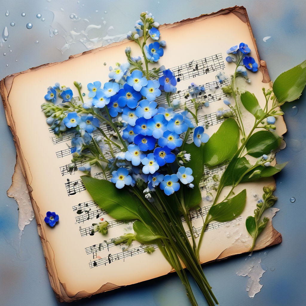 Blue forget-me-not flowers on vintage music sheet with green leaves on blue background