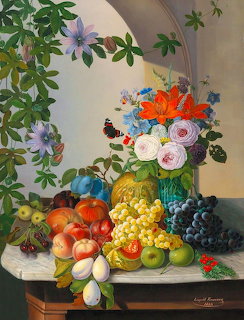 Still life painting of flowers in a vase with grapes, peaches, pears, and other fruit on a table