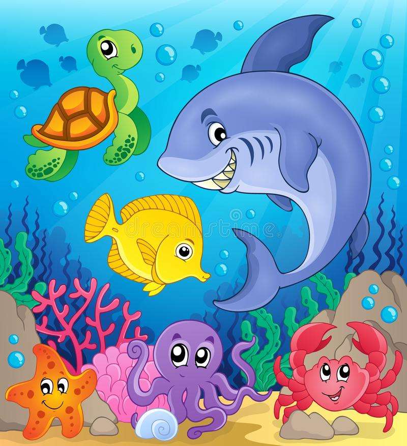 Collage of marine animals with fish, dolphins, turtles and corals underwater