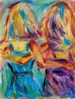 Colorful impressionist painting of two blonde women from behind with arms around each other