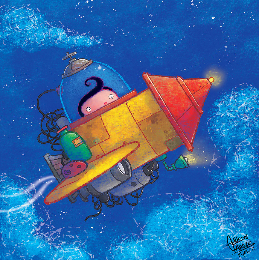 Colorful cartoon rocket with purple alien in cockpit flying through blue starry space