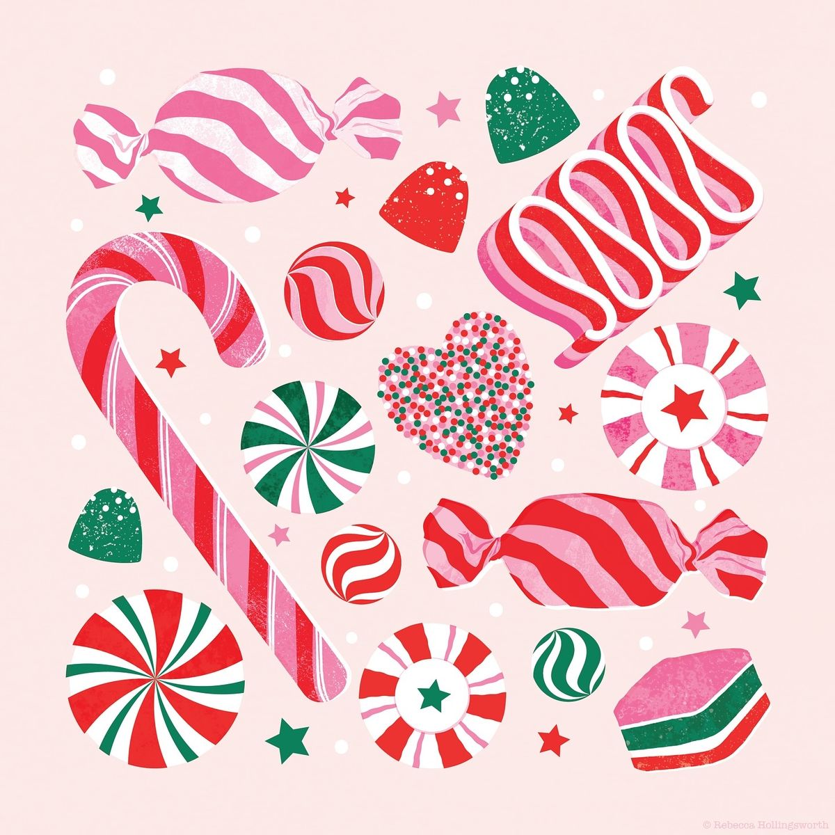 Illustration of a candy cane and assorted Christmas candies on a pink background