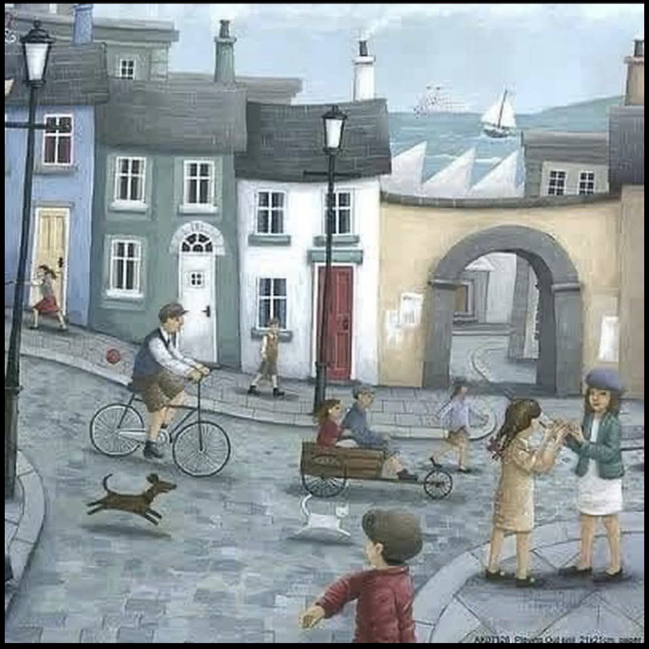 Painting of European town square with cyclist, people, pastel buildings, and archway