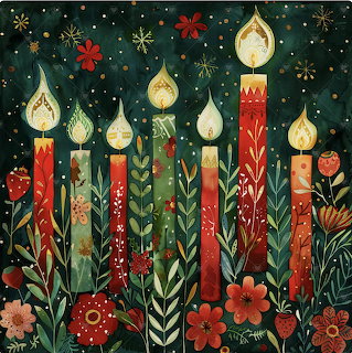Folk art illustration of decorative Christmas candles surrounded by flowers and leaves on dark green background