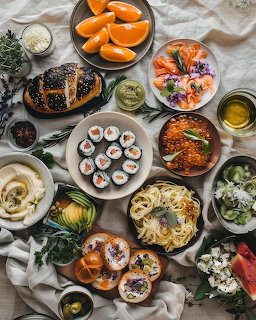 Overhead flat lay of Korean dishes including kimbap, kimchi, persimmons, dumplings and banchan on white table