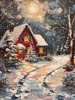 Painting of a red snowy cottage at night with glowing windows, snow-covered trees, and a full moon
