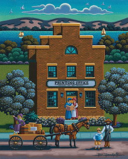 Illustrated brick printing office with a horse cart and several people on a tree-lined street