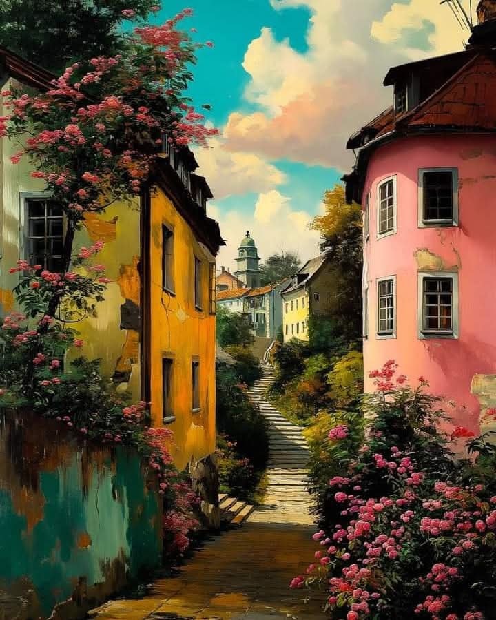 Colorful Village Street Painting