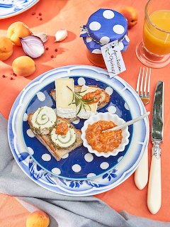 Blue polka-dot plate with cheese, crackers, and apricot jam on coral table with fresh apricots and orange juice