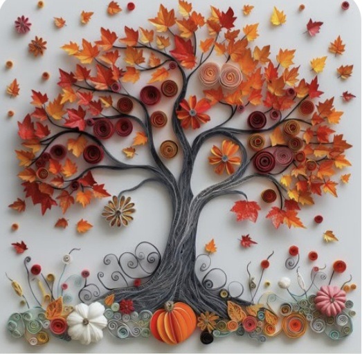 Quilled paper art of autumn tree with orange leaves, swirls, pumpkins and flowers on white background
