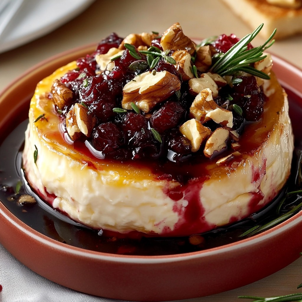 Round baked brie with dark berry compote, chopped nuts, and rosemary garnish on orange plate