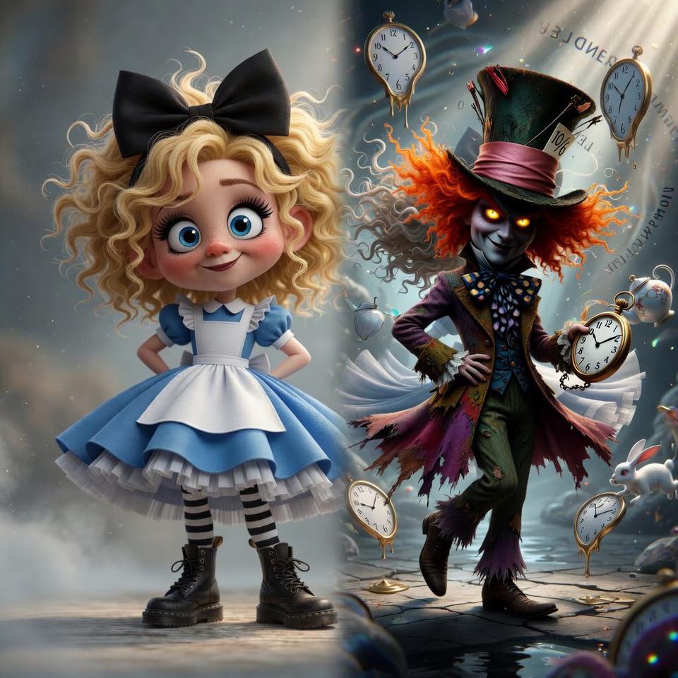 3D rendered Alice in blue dress standing with Mad Hatter character surrounded by floating teacups