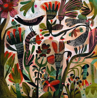 Colorful folk art painting with stylized birds, flowers, and leafy plants