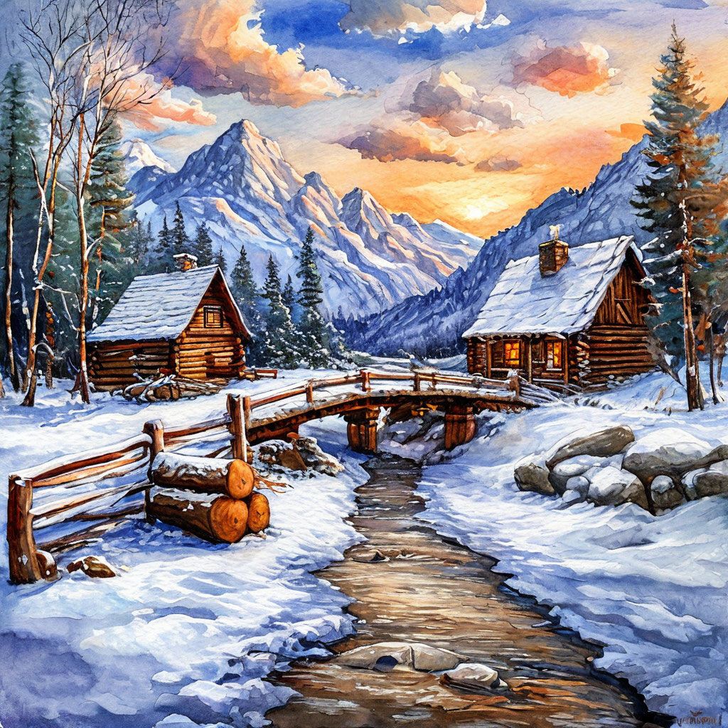 Painting of snowy cabins by a stream with a small bridge and mountains at sunset
