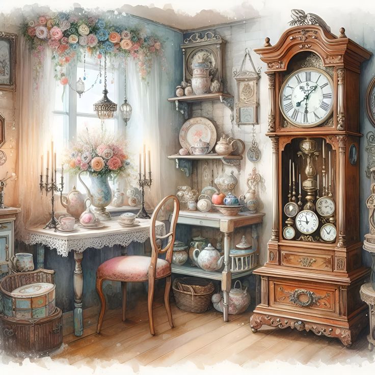 Vintage room interior with grandfather clock, antique desk, floral arrangements, and decorative shelves