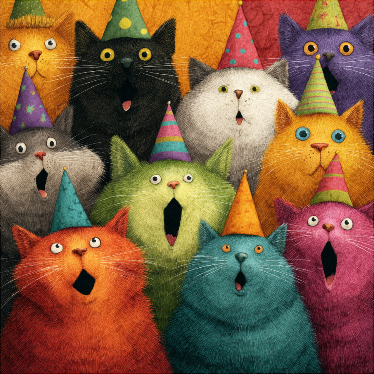 Group of illustrated cats in colorful party hats with surprised expressions