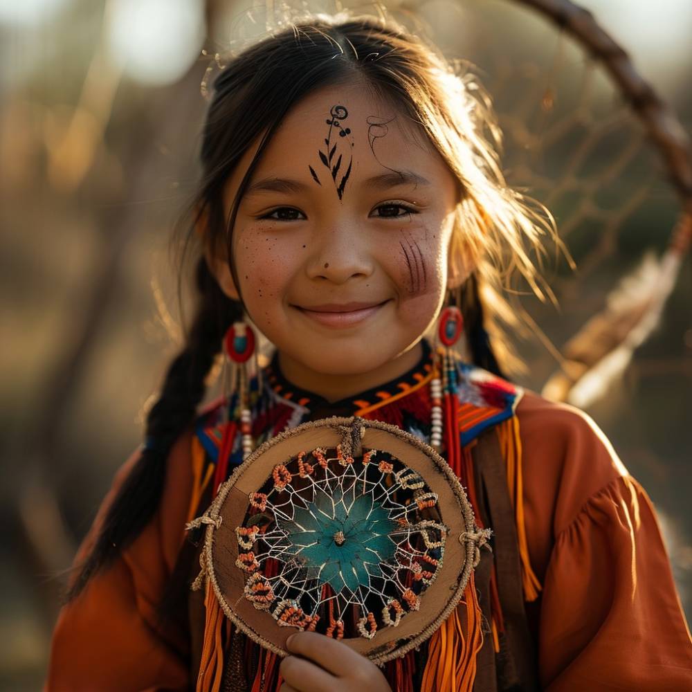 Smiling Indigenous girl in orange clothing holding turquoise dreamcatcher with facial markings and beaded jewelry