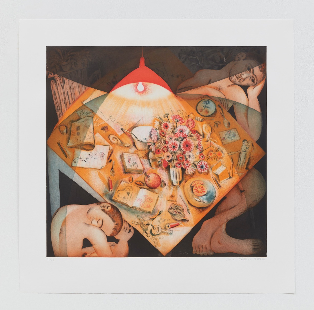 Painting of people around a table laden with food, flowers, and dishes, viewed from above in warm tones