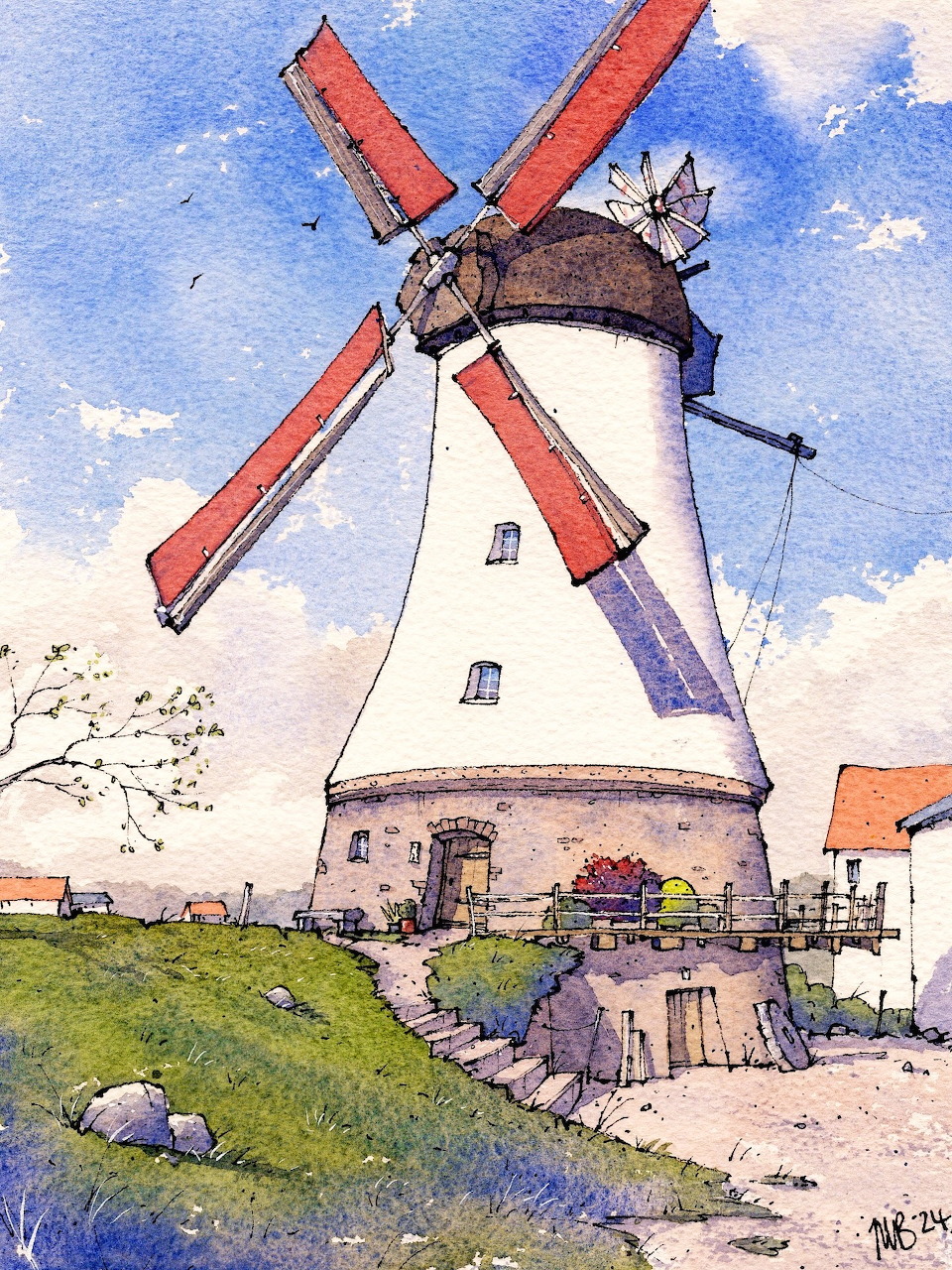 Watercolor painting of a white windmill with red sails on a green hill with stone steps and houses