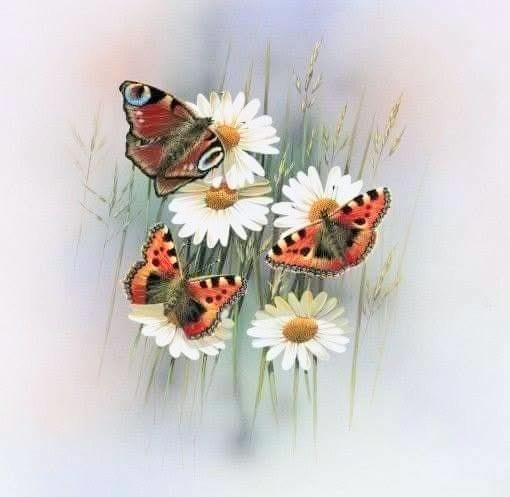 Watercolor painting of orange and red butterflies on white daisies with green stems against a soft pastel background