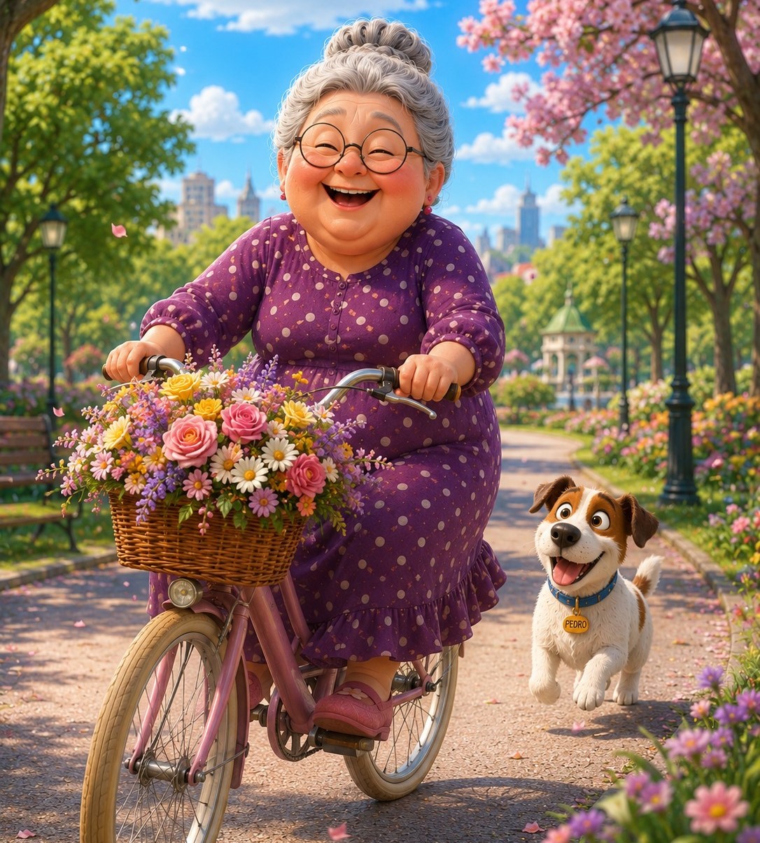 Elderly Woman Bicycle Flowers Dog