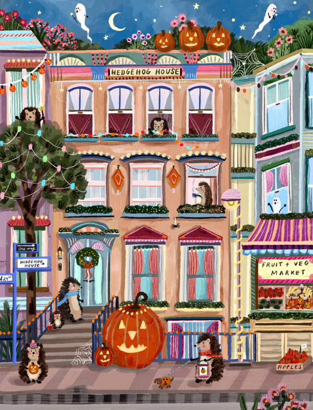 Colorful Halloween scene with Victorian storefronts, pumpkins, hedgehogs, and festive decorations under a night sky