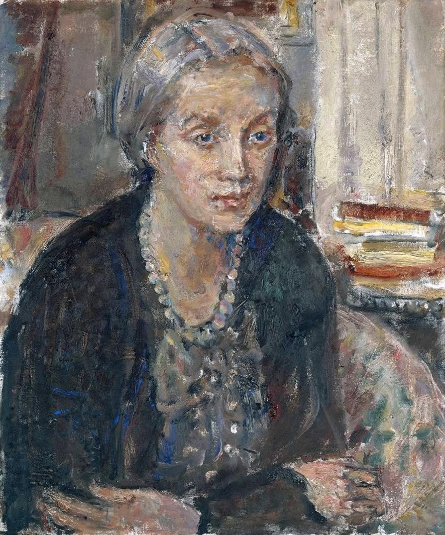 Impressionist oil painting portrait of a grey-haired woman in a dark jacket with pearl necklace