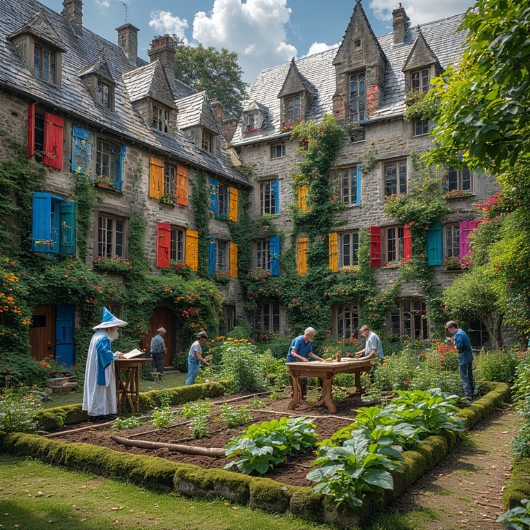 Medieval stone courtyard with vibrant shutters, green garden beds, fountain, and people in period dress