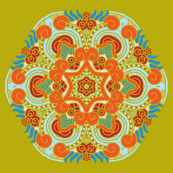 Circular mandala with orange flowers and turquoise accents on yellow background